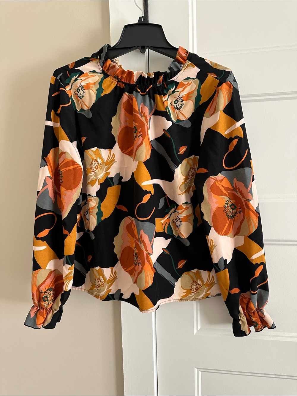 Floral Tie-Neck Blouse - Black with Orange & Cream Floral